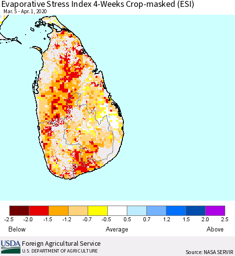 Sri Lanka Evaporative Stress Index (ESI), 4-Weeks over Croplands Thematic Map For 3/30/2020 - 4/5/2020