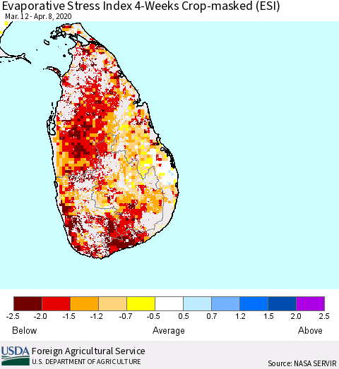 Sri Lanka Evaporative Stress Index (ESI), 4-Weeks over Croplands Thematic Map For 4/6/2020 - 4/12/2020