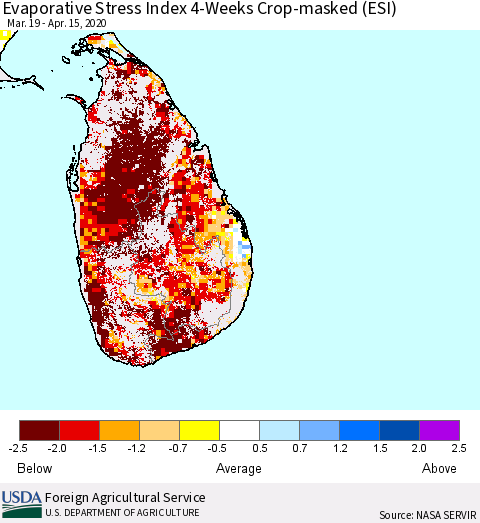 Sri Lanka Evaporative Stress Index (ESI), 4-Weeks over Croplands Thematic Map For 4/13/2020 - 4/19/2020