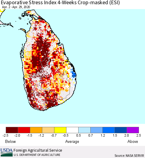 Sri Lanka Evaporative Stress Index (ESI), 4-Weeks over Croplands Thematic Map For 4/27/2020 - 5/3/2020