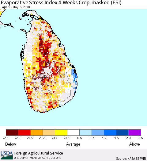 Sri Lanka Evaporative Stress Index (ESI), 4-Weeks over Croplands Thematic Map For 5/4/2020 - 5/10/2020