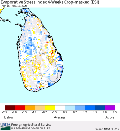 Sri Lanka Evaporative Stress Index (ESI), 4-Weeks over Croplands Thematic Map For 5/11/2020 - 5/17/2020