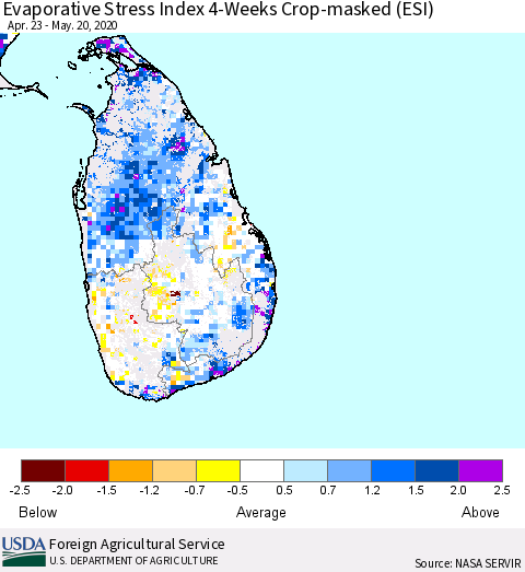 Sri Lanka Evaporative Stress Index (ESI), 4-Weeks over Croplands Thematic Map For 5/18/2020 - 5/24/2020