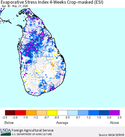 Sri Lanka Evaporative Stress Index (ESI), 4-Weeks over Croplands Thematic Map For 5/25/2020 - 5/31/2020