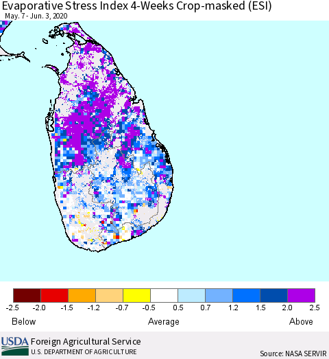 Sri Lanka Evaporative Stress Index (ESI), 4-Weeks over Croplands Thematic Map For 6/1/2020 - 6/7/2020