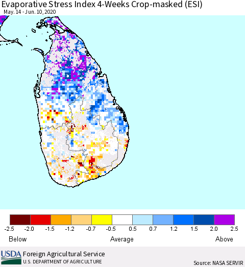 Sri Lanka Evaporative Stress Index (ESI), 4-Weeks over Croplands Thematic Map For 6/8/2020 - 6/14/2020