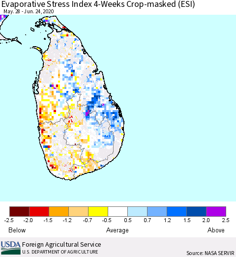 Sri Lanka Evaporative Stress Index (ESI), 4-Weeks over Croplands Thematic Map For 6/22/2020 - 6/28/2020