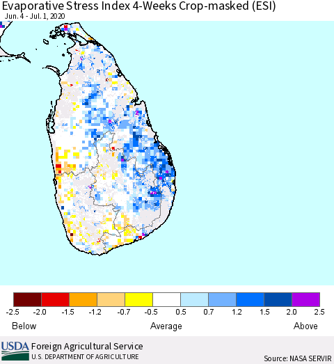 Sri Lanka Evaporative Stress Index (ESI), 4-Weeks over Croplands Thematic Map For 6/29/2020 - 7/5/2020