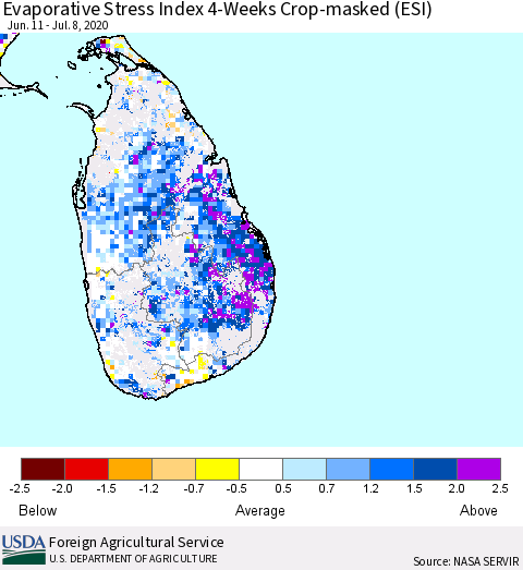 Sri Lanka Evaporative Stress Index (ESI), 4-Weeks over Croplands Thematic Map For 7/6/2020 - 7/12/2020