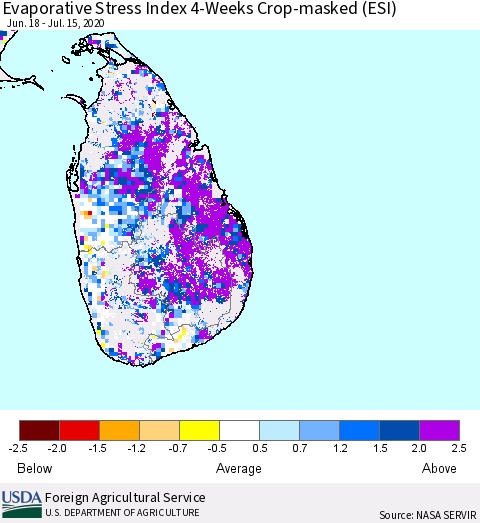 Sri Lanka Evaporative Stress Index (ESI), 4-Weeks over Croplands Thematic Map For 7/13/2020 - 7/19/2020