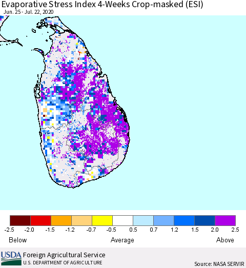 Sri Lanka Evaporative Stress Index (ESI), 4-Weeks over Croplands Thematic Map For 7/20/2020 - 7/26/2020