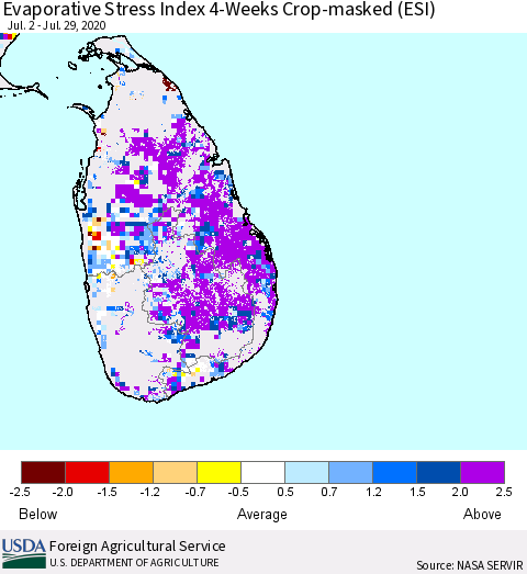 Sri Lanka Evaporative Stress Index (ESI), 4-Weeks over Croplands Thematic Map For 7/27/2020 - 8/2/2020
