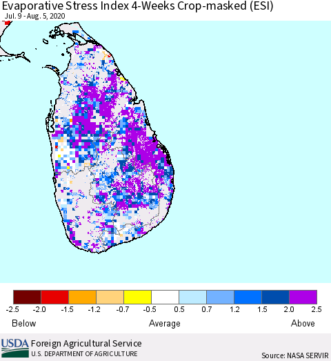 Sri Lanka Evaporative Stress Index (ESI), 4-Weeks over Croplands Thematic Map For 8/3/2020 - 8/9/2020
