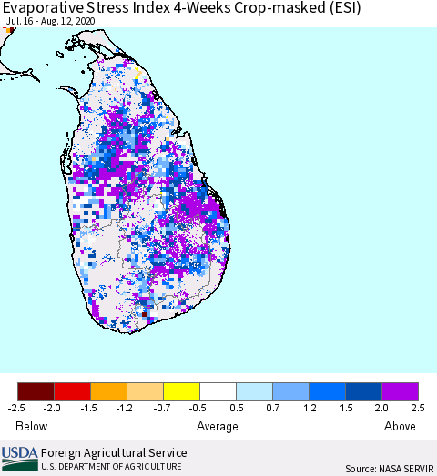 Sri Lanka Evaporative Stress Index (ESI), 4-Weeks over Croplands Thematic Map For 8/10/2020 - 8/16/2020