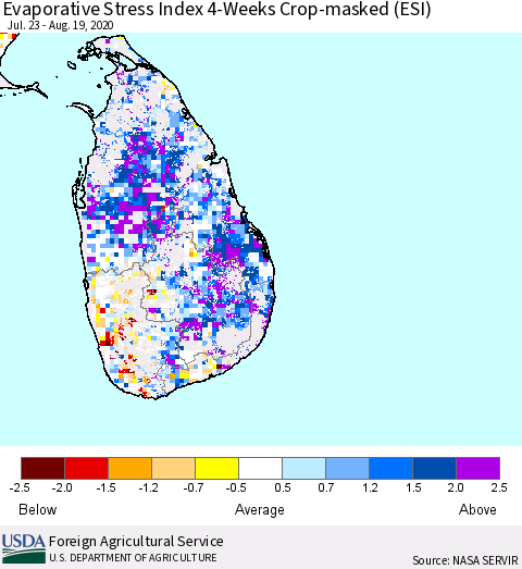 Sri Lanka Evaporative Stress Index (ESI), 4-Weeks over Croplands Thematic Map For 8/17/2020 - 8/23/2020