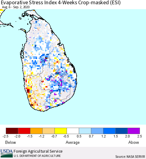 Sri Lanka Evaporative Stress Index (ESI), 4-Weeks over Croplands Thematic Map For 8/31/2020 - 9/6/2020