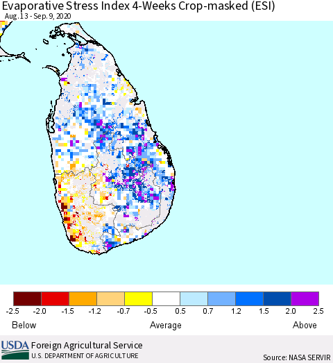 Sri Lanka Evaporative Stress Index (ESI), 4-Weeks over Croplands Thematic Map For 9/7/2020 - 9/13/2020