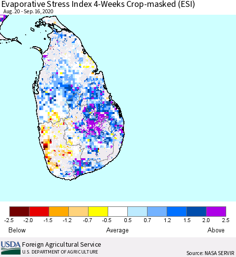 Sri Lanka Evaporative Stress Index (ESI), 4-Weeks over Croplands Thematic Map For 9/14/2020 - 9/20/2020