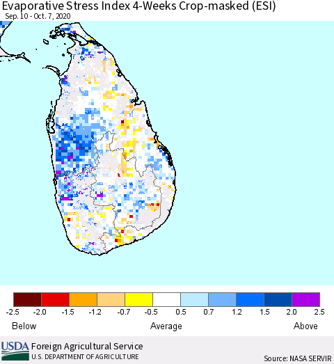 Sri Lanka Evaporative Stress Index 4-Weeks Crop-masked (ESI) Thematic Map For 10/5/2020 - 10/11/2020