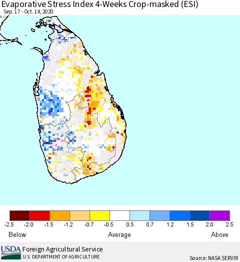 Sri Lanka Evaporative Stress Index (ESI), 4-Weeks over Croplands Thematic Map For 10/12/2020 - 10/18/2020