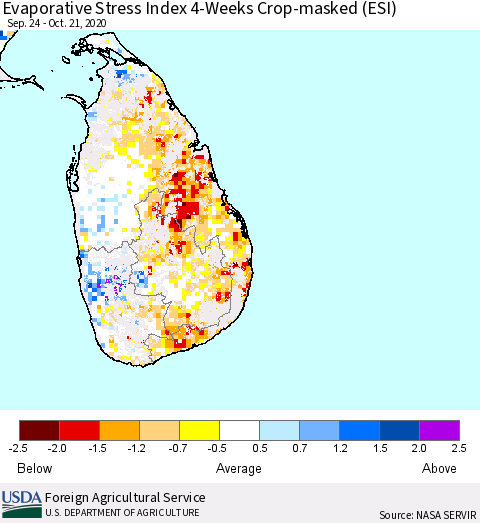 Sri Lanka Evaporative Stress Index 4-Weeks Crop-masked (ESI) Thematic Map For 10/19/2020 - 10/25/2020