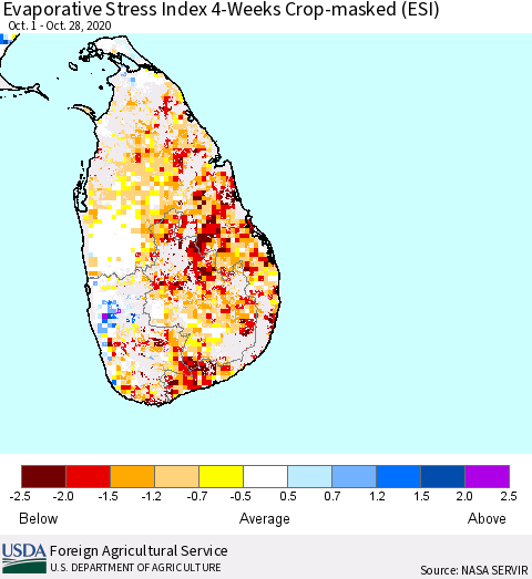 Sri Lanka Evaporative Stress Index 4-Weeks Crop-masked (ESI) Thematic Map For 10/26/2020 - 11/1/2020