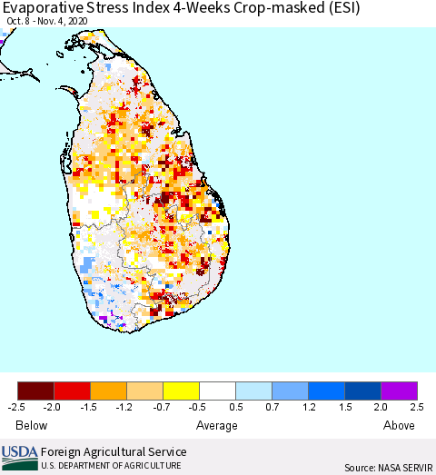 Sri Lanka Evaporative Stress Index 4-Weeks Crop-masked (ESI) Thematic Map For 11/2/2020 - 11/8/2020