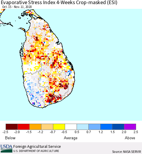 Sri Lanka Evaporative Stress Index (ESI), 4-Weeks over Croplands Thematic Map For 11/9/2020 - 11/15/2020