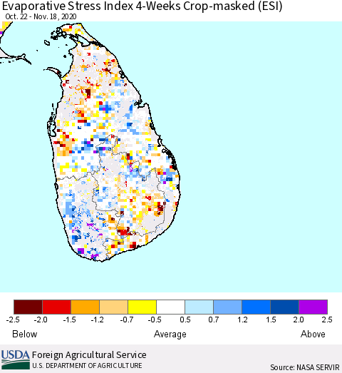 Sri Lanka Evaporative Stress Index 4-Weeks Crop-masked (ESI) Thematic Map For 11/16/2020 - 11/22/2020