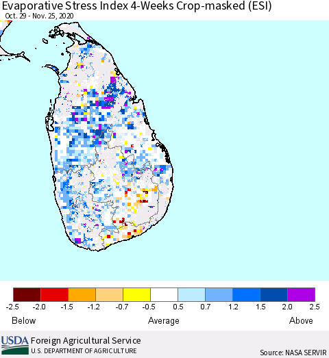Sri Lanka Evaporative Stress Index 4-Weeks Crop-masked (ESI) Thematic Map For 11/23/2020 - 11/29/2020