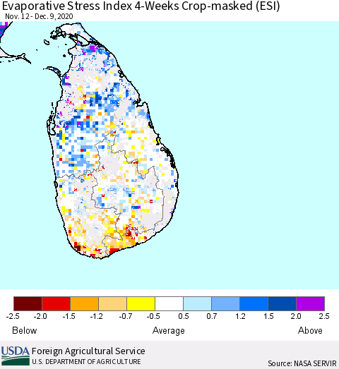 Sri Lanka Evaporative Stress Index 4-Weeks Crop-masked (ESI) Thematic Map For 12/7/2020 - 12/13/2020