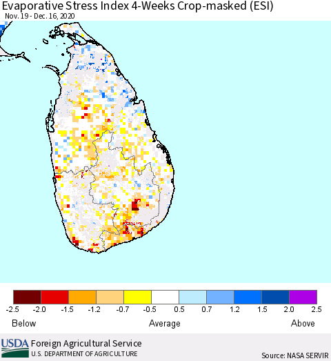 Sri Lanka Evaporative Stress Index 4-Weeks Crop-masked (ESI) Thematic Map For 12/14/2020 - 12/20/2020
