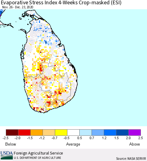 Sri Lanka Evaporative Stress Index 4-Weeks Crop-masked (ESI) Thematic Map For 12/21/2020 - 12/27/2020
