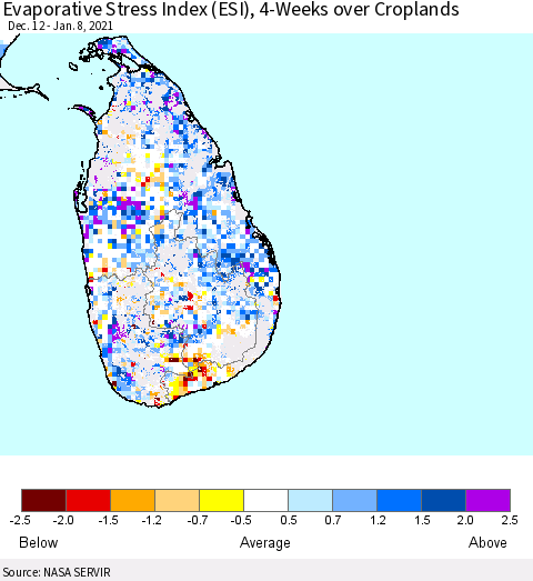 Sri Lanka Evaporative Stress Index 4-Weeks Crop-masked (ESI) Thematic Map For 1/4/2021 - 1/10/2021
