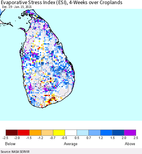 Sri Lanka Evaporative Stress Index 4-Weeks Crop-masked (ESI) Thematic Map For 1/11/2021 - 1/17/2021
