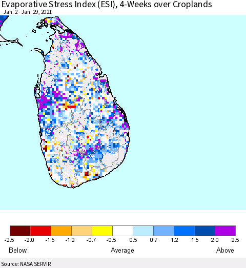 Sri Lanka Evaporative Stress Index 4-Weeks Crop-masked (ESI) Thematic Map For 1/25/2021 - 1/31/2021