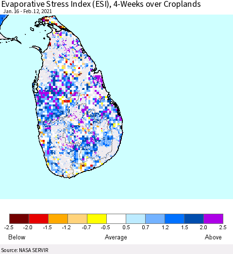 Sri Lanka Evaporative Stress Index 4-Weeks Crop-masked (ESI) Thematic Map For 2/8/2021 - 2/14/2021