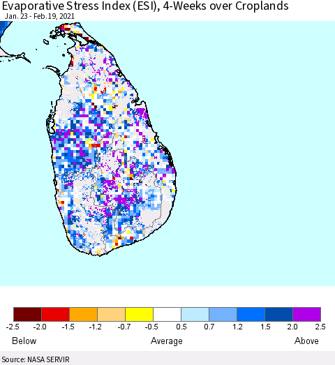 Sri Lanka Evaporative Stress Index 4-Weeks Crop-masked (ESI) Thematic Map For 2/15/2021 - 2/21/2021