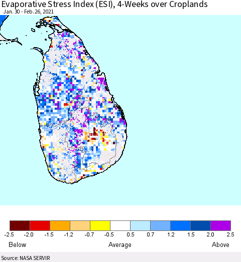 Sri Lanka Evaporative Stress Index 4-Weeks Crop-masked (ESI) Thematic Map For 2/22/2021 - 2/28/2021