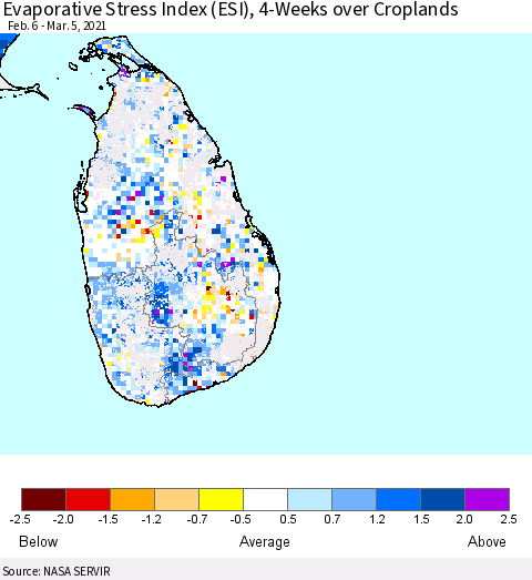 Sri Lanka Evaporative Stress Index 4-Weeks Crop-masked (ESI) Thematic Map For 3/1/2021 - 3/7/2021