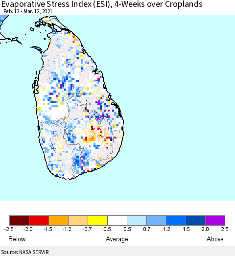Sri Lanka Evaporative Stress Index (ESI), 4-Weeks over Croplands Thematic Map For 3/8/2021 - 3/14/2021