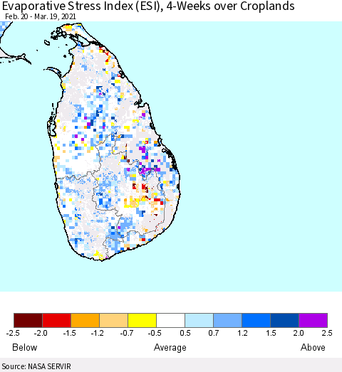 Sri Lanka Evaporative Stress Index (ESI), 4-Weeks over Croplands Thematic Map For 3/15/2021 - 3/21/2021