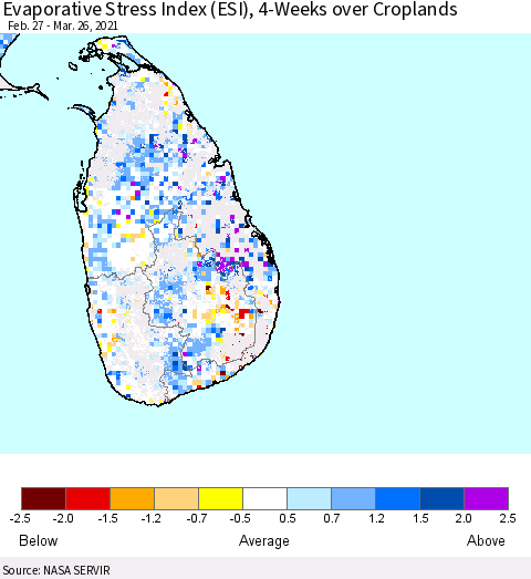 Sri Lanka Evaporative Stress Index 4-Weeks Crop-masked (ESI) Thematic Map For 3/22/2021 - 3/28/2021