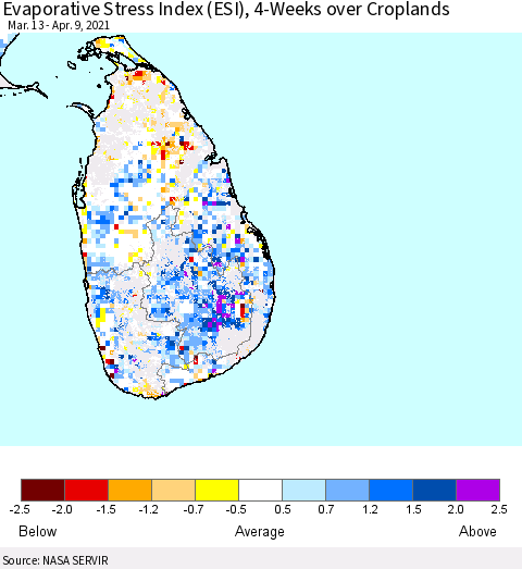Sri Lanka Evaporative Stress Index (ESI), 4-Weeks over Croplands Thematic Map For 4/5/2021 - 4/11/2021