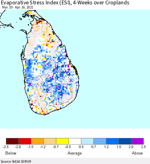 Sri Lanka Evaporative Stress Index 4-Weeks Crop-masked (ESI) Thematic Map For 4/12/2021 - 4/18/2021