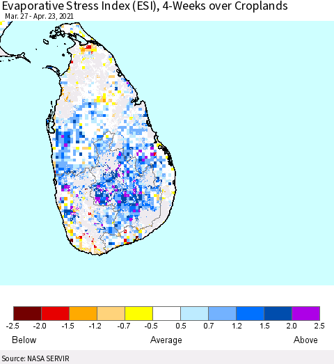 Sri Lanka Evaporative Stress Index 4-Weeks Crop-masked (ESI) Thematic Map For 4/19/2021 - 4/25/2021