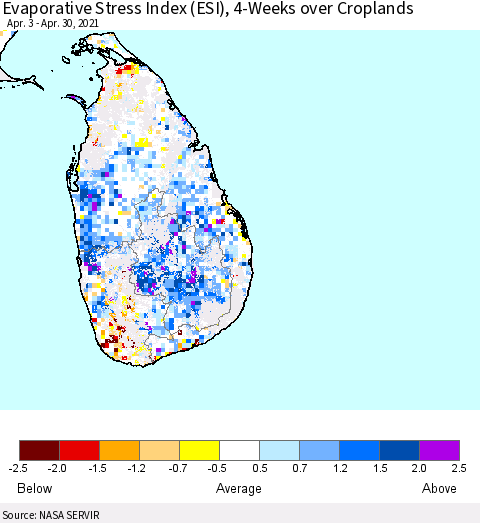 Sri Lanka Evaporative Stress Index 4-Weeks Crop-masked (ESI) Thematic Map For 4/26/2021 - 5/2/2021