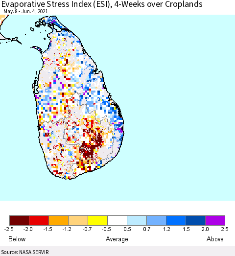 Sri Lanka Evaporative Stress Index (ESI), 4-Weeks over Croplands Thematic Map For 5/31/2021 - 6/6/2021