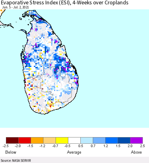 Sri Lanka Evaporative Stress Index (ESI), 4-Weeks over Croplands Thematic Map For 6/28/2021 - 7/4/2021