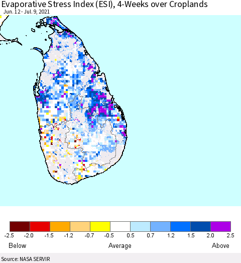 Sri Lanka Evaporative Stress Index (ESI), 4-Weeks over Croplands Thematic Map For 7/5/2021 - 7/11/2021